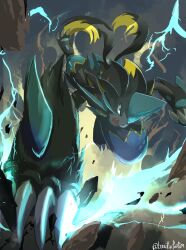  absurdres animal_ears black_fur blue_eyes blue_fur bo_(bouillustration) body_fur claws electricity fang furry highres horns mega_pokemon mega_zeraora multicolored_fur open_mouth pokemon pokemon_(creature) pokemon_focus pokemon_legends:_z-a rock single_horn solo spikes tail two-tone_fur zeraora 