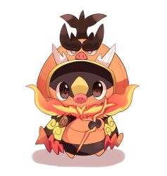 brown_eyes cosplay emboar highres holding holding_staff hood hood_up looking_at_viewer mega_emboar mega_emboar_(cosplay) no_humans pokemon pokemon_(creature) pokemon_focus pokemon_legends:_z-a simple_background staff tepig white_background yupo_0322 