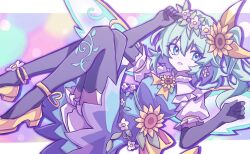  1girl adapted_costume aqua_dress black_gloves black_thighhighs commentary_request daiyousei dress elbow_gloves fairy fairy_wings flower gloves green_eyes green_hair hair_between_eyes hair_flower hair_ornament hair_ribbon highres long_hair madeno parted_lips ribbon shoes short_sleeves side_ponytail solo sunflower sunflower_hair_ornament thigh-highs touhou wings yellow_shoes zettai_ryouiki 