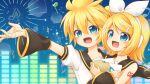  1boy 1girl arm_tattoo blonde_hair blue_eyes blush bow brother_and_sister detached_sleeves folder hair_bow hair_ornament hairclip headphones highres holding holding_folder kagamine_len kagamine_rin musical_note number_tattoo open_mouth paper short_hair short_ponytail siblings tattoo twins vocaloid yakumohikari 