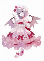  1girl absurdres bat_wings blush bobby_socks bow brooch collared_shirt fang frilled_hat frilled_skirt frills gem hat highres jewelry ktgrtos mob_cap open_mouth pink_shirt purple_hair red_bow red_eyes red_gemstone red_ribbon remilia_scarlet ribbon shirt short_hair simple_background skin_fang skirt smile socks solo touhou variant_set waist_ribbon white_background white_hat white_socks wings 