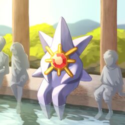  1girl 2boys commentary_request gem highres mega_starmie multiple_boys outdoors partially_submerged pokemon pokemon_(creature) pokemon_focus red_gemstone sitting soaking_feet starmie tori_(torisan_pokemon) water 