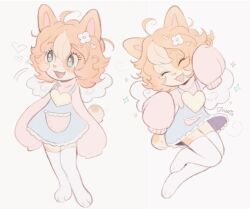  1girl ahoge animal_ears animal_feet blue_dress blue_eyes blush_stickers cat_ears cat_girl closed_eyes commentary doekis dress english_commentary faux_retro_artstyle flower furry furry_female hair_flower hair_ornament miette_(doekis) multiple_views orange_hair original pastel_colors pink_sweater retro_artstyle short_hair short_tail smile socks sweater tail white_background white_socks wings 