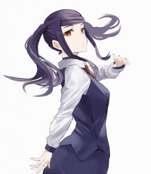  1girl asakiri_koko breasts commentary_request highres jill_stingray long_hair looking_at_viewer necktie pencil_skirt purple_hair purple_skirt purple_vest red_necktie simple_background skirt small_breasts solo twintails va-11_hall-a vest violet_eyes white_background 