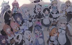  6+girls absurdres akane_(blue_archive) angel_wings apron aris_(blue_archive) aris_(maid)_(blue_archive) aru_(blue_archive) azusa_(blue_archive) blue_archive brown_apron demon_girl demon_horns doughnut eating food fubuki_(blue_archive) halo haruka_(blue_archive) hifumi_(blue_archive) highres hina_(blue_archive) holding holding_donut holding_food horns hoshino_(blue_archive) kayoko_(blue_archive) kirino_(blue_archive) kokukyukeo koyuki_(blue_archive) looking_up multiple_girls neru_(blue_archive) noa_(blue_archive) school_uniform shadow shiroko_terror_(blue_archive) surprised sweatdrop takoyaki toki_(blue_archive) toothpick wings yuuka_(blue_archive) 