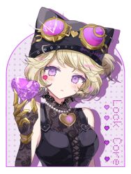  1girl animal_hat black_corset blonde_hair cat_hat commentary corset eric_knikki fake_claws finger_claws gem gloves goggles goggles_on_headwear hat head_tilt heart-shaped_gem identity_v lace lace_gloves lace_shirt looking_at_viewer official_alternate_costume one_side_up purple_gemstone solo symbol-only_commentary tareme tracy_reznik tracy_reznik_(lock_core) violet_eyes 
