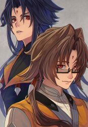  2boys absurdres black_hair black_shirt brown_hair chinese_clothes closed_mouth commentary_request droopy_ears dual_persona facial_mark forehead_mark glasses grey_background hair_intakes highres long_hair looking_at_viewer looking_over_eyewear looking_to_the_side male_focus multiple_boys open_mouth orange_vest parted_bangs pyms11zzz red_eyes shirt signature upper_body v-shaped_eyebrows vest white_shirt ye_shiyuan zenless_zone_zero 