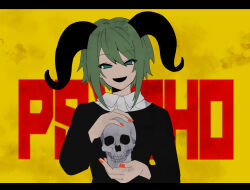  1girl absurdres black_dress blue_eyes commentary_request dress green_hair gumi highres holding holding_skull horns looking_at_viewer nekoma_hikaru no_nose open_mouth orange_nails shirt short_hair skull solo song_request upper_body vocaloid white_shirt yellow_background 