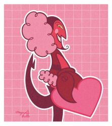  1boy belt black_belt black_eyes black_hair black_thighhighs boots colored_sclera colored_skin crab_claw demon demon_boy dress evil_grin evil_smile facial_hair from_behind from_side fur-trimmed_collar fur_trim goatee green_sclera grid_background grin hair_slicked_back heart high_heels highres him_(powerpuff_girls) holding holding_heart incoming_gift magnolia-belle pink_background pink_fur powerpuff_girls red_dress red_skin signature smile teeth thigh-highs thigh_boots 