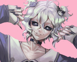  1boy alternate_costume androgynous black_choker black_eyes black_nails black_sclera character_hair_ornament choker collarbone colored_sclera commentary_request contrast_collar fingernails hair_between_eyes hair_ornament hairclip hands_up highres identity_v ithaqua_(identity_v) kuromi long_fingernails male_focus o-ring o-ring_choker onegai_my_melody pink_background purple_shirt sanrio shirt short_hair sleeves_past_wrists smile solid_eyes solo two_side_up upper_body wavy_hair white_hair yousuke_(yosk) 