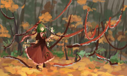  1girl autumn autumn_leaves black_eyes boots bow bowtie brown_boots closed_mouth dress frilled_dress frills furahata_gen green_hair hair_bow highres kagiyama_hina leaf medium_hair puffy_sleeves red_bow red_bowtie red_dress red_headdress smile solo standing touhou tree 