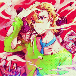  1boy blonde_hair blue_necktie collarbone commentary_request green_shirt hand_on_own_head highres jojo_no_kimyou_na_bouken looking_ahead male_focus necktie pannacotta_fugo pechka purple_haze_(stand) red_background shirt smoke solo stand_(jojo) vento_aureo violet_eyes 