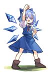  1girl 9302w_(user_wjpg8475) :d arm_up blue_bow blue_dress blue_eyes blue_hair boots bow brown_footwear cirno clenched_hands collared_shirt commentary_request dress full_body hair_bow highres ice ice_wings legs_apart medium_hair open_mouth pinafore_dress puffy_short_sleeves puffy_sleeves shirt short_sleeves smile solo touhou white_shirt wings 