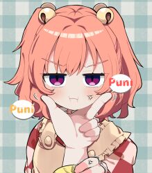  1girl 1other :i anger_vein apron bell blush brown_apron brown_hair checkered_clothes checkered_kimono closed_mouth commentary_request frilled_apron frills grabbing_another's_arm hair_bell hair_ornament japanese_clothes jingle_bell kimono looking_at_viewer motoori_kosuzu out_of_frame plaid_background solo_focus touhou trembling two_side_up upper_body violet_eyes yamase 