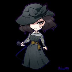  1girl black_background black_eyes black_hair black_hat blue_outline deformed dress dusa full_body gradient_outline green_dress hat highres kirby_(series) looking_at_another neichel_(kirby) outline purple_outline single_tear solo twitter_username 