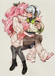  alternate_costume anby_demara blush coffee deertripetri grey_hair kiss kissing_cheek multiple_girls nicole_demara pink_hair size_difference sweater yuri zenless_zone_zero 