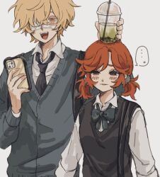  ... 1boy 1girl :d alternate_costume aqua_bow aqua_bowtie bandage_over_one_eye black_necktie black_sweater_vest blonde_hair blue_sweater bow bowtie brown_eyes couple cup_on_head florian_brand height_difference hetero highres holding holding_phone identity_v kanichan000 lily_barriere low_twintails necktie orange_hair parted_lips phone shirt short_twintails smile sweater sweater_vest twintails white_shirt yellow_eyes 