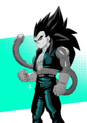  1boy absurdres belt black_hair body_fur cropped_vest denim dragon_ball dragon_ball_gt gloves green_eyes highres jeans long_hair looking_at_viewer male_focus monkey_boy monkey_tail muscular muscular_male no_nipples pants pectorals red_fur saiyan solo spiky_hair super_saiyan super_saiyan_4 tail vegeta vest yuuri_(fukuroudou) 