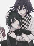  2boys black_hair black_jacket book brown_eyes buttons checkered_clothes checkered_scarf danganronpa_(series) danganronpa_v3:_killing_harmony double-breasted grey_jacket hair_between_eyes holding holding_book jacket male_focus medium_hair multicolored_hair multiple_boys open_mouth ouma_kokichi reading saihara_shuuichi scarf seuli_(sa404_3) short_hair simple_background striped striped_jacket sweatdrop two-tone_hair violet_eyes white_background 