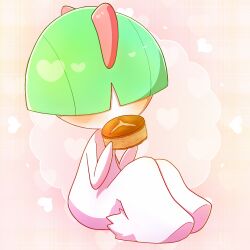  1other blunt_bangs blush bowl_cut child colored_skin commentary_request covered_eyes eating food food_request full_body green_hair hair_over_eyes hands_up heart heart_background highres holding holding_food knees_up legs_together other_focus pink_background plaid_background pokemon pokemon_(creature) ralts short_hair sitting solo white_skin yuri_(fl0werspace) 