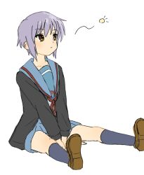  1girl arms_between_legs black_cardigan blue_sailor_collar brown_shoes cardigan collarbone highres kita_high_school_uniform kneehighs long_sleeves nagato_yuki open_cardigan open_clothes pleated_skirt purple_hair red_ribbon ribbon sailor_collar school_emblem school_uniform serafuku shoes short_hair sitting skirt socks solo squeans suzumiya_haruhi_no_yuuutsu waka_849 winter_uniform yellow_eyes 