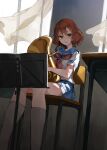  1girl :o absurdres blue_sailor_collar blue_skirt blush brown_eyes brown_hair chair curtains euphonium hibike!_euphonium highres holding holding_instrument indoors instrument kei-sssk kitauji_high_school_uniform kneehighs looking_at_viewer music_stand neckerchief oumae_kumiko parted_lips pleated_skirt sailor_collar school_uniform serafuku shirt short_hair short_sleeves sitting skirt socks solo uniform white_shirt white_socks window 