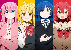  4girls ahoge black_ribbon black_sweater black_sweater_vest blonde_hair blue_eyes blue_hair bocchi_the_rock! bow bowtie brown_cardigan brown_sailor_collar cardigan choppy_bangs closed_mouth collared_shirt color_coordination column_lineup commentary_request cube_hair_ornament dot_nose earrings frown gotoh_hitori green_eyes grin hair_between_eyes hair_ornament hairclip hand_up hands_up highres holding_own_wrist ijichi_nijika index_finger_raised jacket jewelry kessoku_band kita_ikuyo long_bangs long_hair long_sleeves looking_at_viewer mole mole_under_eye money_gesture multiple_girls neck_ribbon ok_sign one_side_up open_mouth orange_eyes oriorioiro parallel_hairclips pink_hair pink_jacket polka_dot polka_dot_bow polka_dot_bowtie red_bow red_bowtie red_hair ribbon sailor_collar school_uniform shirt short_hair side_ponytail small_sweatdrop smile straight_hair stud_earrings sweater sweater_vest track_jacket upper_body white_shirt wing_collar yamada_ryo yellow_eyes 