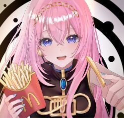  1girl 5qts5 :d black_shirt blue_gemstone blue_nails blush breasts brooch chest_jewel commentary_request crossed_bangs fast_food food french_fries gem gold_hairband hair_between_eyes hairband hands_up headset high_collar highres holding holding_food incoming_food infinity_symbol jewelry large_breasts long_hair looking_at_viewer mcdonald's megurine_luka nail_polish open_mouth pink_hair shirt sidelocks sleeveless sleeveless_shirt smile solo teeth upper_body upper_teeth_only valve violet_eyes vocaloid 