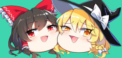  2girls aqua_background black_hair black_hat blonde_hair blush bow braid commentary_request e.o. frills hair_between_eyes hair_bow hair_ornament hair_tubes hakurei_reimu hat hat_bow head_only highres kirisame_marisa looking_at_viewer multiple_girls open_mouth red_bow red_eyes short_hair simple_background single_braid smile touhou white_bow witch_hat yellow_eyes yukkuri_shiteitte_ne 