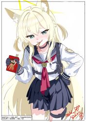  1girl absurdres afterimage animal_ear_fluff animal_ears aqua_eyes black_choker black_gloves blonde_hair blue_archive blue_sailor_collar blue_skirt blush border box choker closed_mouth commentary cowboy_shot english_commentary english_text fang food food_in_mouth fox_ears fox_girl furrowed_brow gloves green_halo hair_between_eyes halo hand_on_own_hip highres holding holding_box holding_food holding_pocky kurumi_(blue_archive) leaning_forward long_hair looking_at_viewer melissa_v2 miniskirt motion_lines neckerchief nose_blush pleated_skirt pocky pocky_in_mouth red_neckerchief sailor_collar school_uniform serafuku shirt sidelocks simple_background skirt smile smug solo straight_hair tactical_school_uniform thigh_strap two_side_up very_long_hair white_background white_border white_shirt 