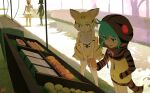  4girls animal_ears animal_hood animal_print aye-aye_(kemono_friends) back_bow black_dress black_hair blonde_hair bow bowtie bread cat_ears commentary day dress elbow_gloves fisheye food food_stand gloves golden_snub-nosed_monkey_(kemono_friends) green_eyes green_hair hair_between_eyes hand_in_pocket highres holding holding_weapon hood hood_up hooded_jacket jacket k.k.k. kemono_friends leotard long_hair long_sleeves looking_at_food looking_at_object medium_hair multicolored_hair multiple_girls orange_hair outdoors parted_lips pocket ponytail print_hood print_jacket print_skirt sand_cat_(kemono_friends) shade shirt short_dress skirt sleeveless sleeveless_shirt smile snake_hood snake_print snake_tail standing symbol-only_commentary tail thigh-highs tsuchinoko_(kemono_friends) two-tone_hair very_long_hair walking weapon yellow_eyes 