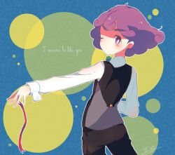  1girl 33lol black_pants black_vest blush bright_pupils burgundy_(pokemon) cilan_(pokemon) cilan_(pokemon)_(cosplay) closed_mouth commentary_request cosplay english_text eyelashes long_sleeves looking_back one_eye_closed outline pants pokemon pokemon_(anime) pokemon_bw_(anime) purple_hair red_ribbon ribbon shirt short_hair solo thick_eyebrows vest violet_eyes white_outline white_pupils white_shirt 