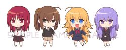  4girls :d a-pose ahoge alternate_costume angel_beats! arms_at_sides black_cardigan black_jacket black_sailor_collar black_serafuku black_shirt black_skirt blonde_hair blue_eyes blush brown_hair brown_sailor_collar brown_skirt cardigan chibi chibi_only closed_mouth collared_shirt eyes_visible_through_hair frown full_body girls_dead_monster grey_eyes hair_between_eyes hand_on_own_hip happy highres hisako_(angel_beats!) irie_miyuki iwasawa_masami jacket kneehighs long_hair looking_at_viewer medium_hair miniskirt multiple_girls nakamura_hinato neck_ribbon neckerchief open_mouth pink_neckerchief pleated_skirt ponytail purple_hair red_eyes red_hair red_neckerchief red_ribbon ribbon sailor_collar sample_watermark school_uniform sekine_shiori serafuku shirt side-by-side sidelocks simple_background skirt sleeves_past_wrists smile socks spiky_hair standing straight_hair v_arms very_long_hair violet_eyes watermark white_background white_shirt white_socks 