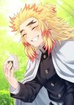  1boy blonde_hair cape closed_eyes demon_slayer_uniform food forked_eyebrows highres holding holding_food kimetsu_no_yaiba long_hair male_focus multicolored_hair onigiri redhead remsor076 rengoku_kyoujurou smile solo teeth two-tone_hair 