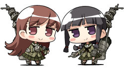  2girls adapted_turret black_hair black_neckerchief blunt_bangs braid brown_eyes brown_hair chibi commentary_request flipped_hair full_body green_sailor_collar green_serafuku green_shirt green_skirt hair_over_shoulder kantai_collection kitakami_(kancolle) kitakami_kai_(kancolle) long_hair machinery mast multiple_girls neckerchief ooi_(kancolle) ooi_kai_(kancolle) pleated_skirt sailor_collar school_uniform serafuku shirt simple_background single_braid skirt smile smokestack violet_eyes white_background yagumo_kengou 