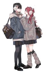  2girls bag black_hair black_pantyhose black_shoes black_skirt blush brown_bag brown_sweater closed_mouth commentary_request earmuffs grey_jacket grey_leg_warmers highres inkya_gyaru_demo_ikigaritai! jacket kashiwagi_tsukiko kuran_arisa leg_warmers long_hair long_sleeves multiple_girls ogino_ichiko open_mouth pantyhose red_eyes red_hair school_bag school_uniform shoes shoulder_bag simple_background skirt sweater teeth twintails two_side_up upper_teeth_only white_background 