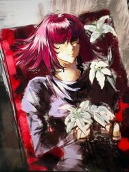  1girl black_shirt closed_eyes commentary flower gundam haman_karn highres holding holding_flower long_sleeves lying minimaniho123 on_back orchid pink_hair shirt short_hair smile solo tagme unfinished white_flower zeta_gundam 