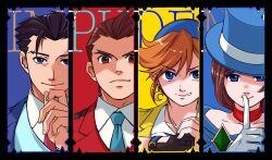  2boys 2girls ace_attorney apollo_justice athena_cykes black_eyes black_gloves black_hair blue_eyes blue_hairband blue_hat blue_necktie brown_eyes brown_hair closed_mouth crescent crescent_earrings earrings fist_in_hand gloves hairband hat highres index_finger_raised jewelry looking_at_viewer multiple_boys multiple_girls necktie orange_hair parted_lips phoenix_wright ragi_(od6fine) red_necktie short_hair single_glove smile trucy_wright upper_body white_gloves 