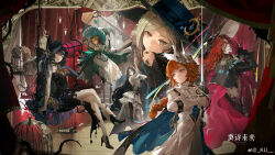  1boy 5girls :d :o absurdres aleph_(reverse:1999) arm_up birdcage black_dress black_gloves black_hat black_shoes blue_cape blue_eyes broom broom_riding brown_hair cage cape commentary_request copyright_name corset crossed_legs curtains dress elbow_gloves glasses gloves green_corset green_eyes green_hat grey_eyes grey_hair hair_bun hair_ornament hand_on_own_chin hand_on_own_face hand_up hat highres holding holding_staff holding_sword holding_weapon isolde_(reverse:1999) isolde_(the_caged_lamenter)_(reverse:1999) kakania_(reverse:1999) kakania_(the_emerald_witch)_(reverse:1999) kurikabacha logo long_braid long_hair looking_at_viewer multiple_girls official_alternate_costume official_art on_swing prosthesis prosthetic_leg red_cape red_gloves red_hair reverse:1999 shirt shoes single_elbow_glove single_side_bun sitting skirt smile sonetto_(reverse:1999) sonetto_(the_steadfast_heart)_(reverse:1999) staff stage_curtains swing sword vertin_(reverse:1999) very_long_hair violet_eyes watermark weapon weibo_watermark white_dress white_gloves white_mask white_shirt white_skirt willow_(reverse:1999) witch_hat 