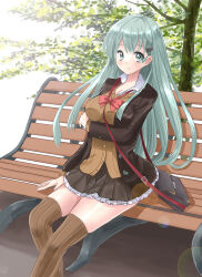  1girl bag bench blazer bow bowtie breasts brown_cardigan brown_jacket brown_skirt brown_thighhighs cardigan commentary_request frilled_skirt frills green_eyes green_hair jacket kantai_collection kitagawa_mikio large_breasts pleated_skirt red_bow red_bowtie sitting skirt smile solo suzuya_(kancolle) suzuya_kai_ni_(kancolle) thigh-highs trembling 