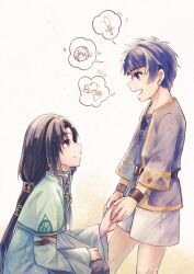  2boys aged_down black_hair blue_eyes blue_hair child commentary_request cross-laced_clothes cross-laced_top facial_mark fire_emblem fire_emblem:_path_of_radiance fire_emblem:_radiant_dawn fire_emblem_heroes forehead_mark highres ike_(close-knit_siblings)_(fire_emblem) ike_(fire_emblem) image_in_speech_bubble long_hair male_focus mochi88543 multiple_boys red_eyes short_hair shorts soren_(fire_emblem) soren_(radiant_confidant)_(fire_emblem) 