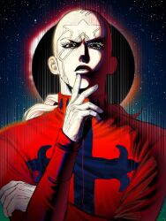  1boy absurdres alternate_color colored_eyelashes colored_skin enrico_pucci hand_up highres jojo_no_kimyou_na_bouken long_hair long_sleeves looking_at_viewer male_focus mechimun_jojo parted_lips red_eyes sky solo star_(sky) starry_sky starry_sky_background stone_ocean straight-on white_hair white_skin 