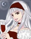  choker crescent_moon female hairband jujube long_hair moon pointy_ears red_eyes sierra_mikain silver_hair solo suikoden suikoden_ii wine wine_glass 