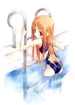  highres long_hair looking_back one-piece_swimsuit orange_hair original pool pool_ladder red_eyes solo sumi_keiichi swimsuit swimsuit translucent_hair water 
