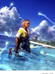  1boy 3d blonde_hair blue_sky cg closed_mouth facing_to_the_side final_fantasy final_fantasy_x gloves highres holding holding_sword holding_weapon jewelry looking_away male necklace official_art outdoors partially_submerged pyrefly short_hair sky solo standing sword tidus water weapon 