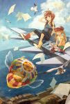  airplane balloon bird blonde_hair boots braid brown_eyes brown_hair closed_eyes flying flying_paper loc6 multiple_girls ocean open_mouth original paper scenery seagull sitting sky smile twin_braids twintails 