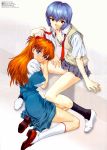  absurdres ayanami_rei black_legwear blue_eyes blue_hair breasts brown_hair cleavage highres long_hair multiple_girls neon_genesis_evangelion orange_hair panties red_eyes school_uniform short_hair skirt socks souryuu_asuka_langley underwear undressing utatane_hiroyuki white_legwear white_panties 