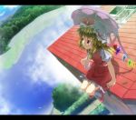  1girl ascot blonde_hair blue_sky blush clouds cloudy_sky flandre_scarlet hat highres lake letterboxed misty_lake newpaper parasol red_eyes rooftop short_hair side_ponytail sitting sitting_on_rock sitting_on_roof skirt skirt_set sky smile solo touhou tree umbrella wings wrr 
