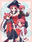  cape dungeon_fighter_online fingerless_gloves gloves hairpin long_hair red_eyes redhead short_hair twintails witch witch_hat 