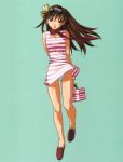  1girl brown_hair dress gatekeepers gotoh_keiji ikusawa_ruriko panties pantyshot plain_background solo striped_dress tagme white_panties wind_lift 